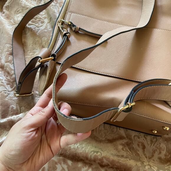 Calpak Faux Leather Backpack Tan with Whipstitch Trim in mauve - Picture 9 of 11